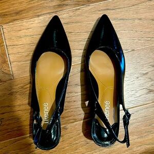 J Renee black patent pointy toe sling back with silver on heel. Size 9.5M